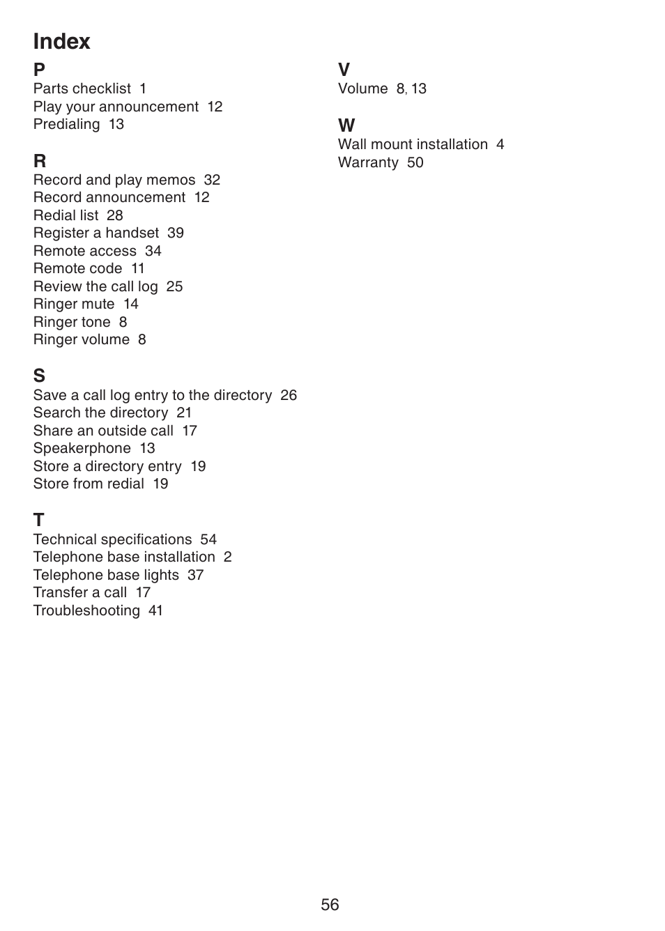 Index | VTech CS6229-5 User Manual | Page 60 / 61