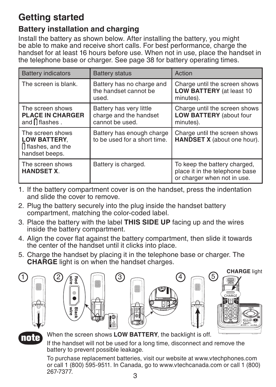 Battery installation and, Charging, Getting started | Battery installation and charging | VTech CS6229-5 User Manual | Page 7 / 61