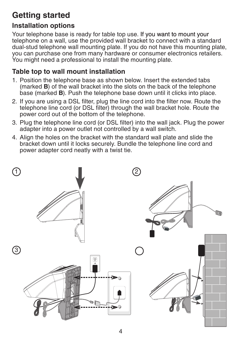 Installation options, Getting started | VTech CS6229-5 User Manual | Page 8 / 61