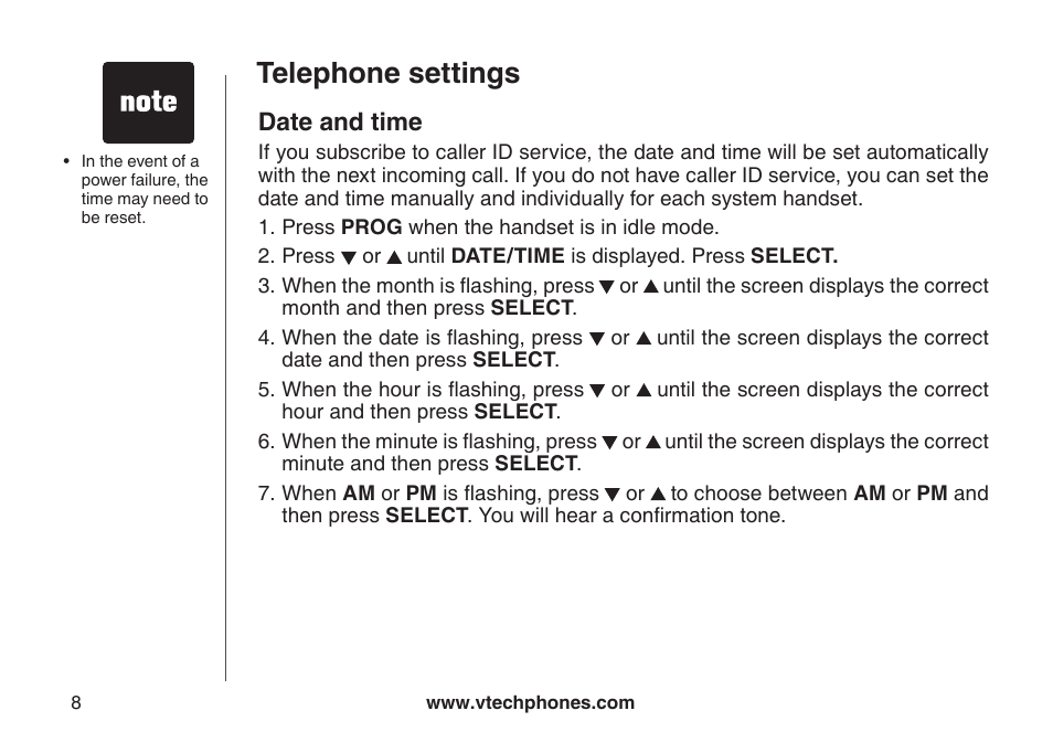 Date and tme, Telephone settings, Date and time | VTech CS5111-3 User Manual | Page 11 / 56