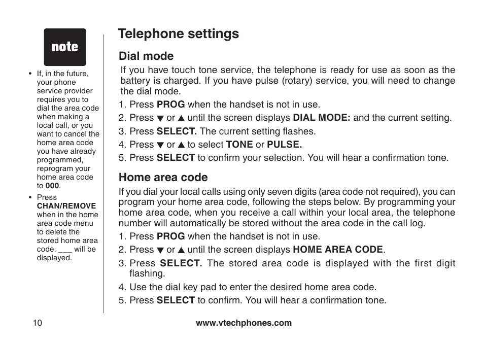 Dal mode, Language, Telephone settings | Dial mode, Home area code | VTech CS5111-3 User Manual | Page 13 / 56