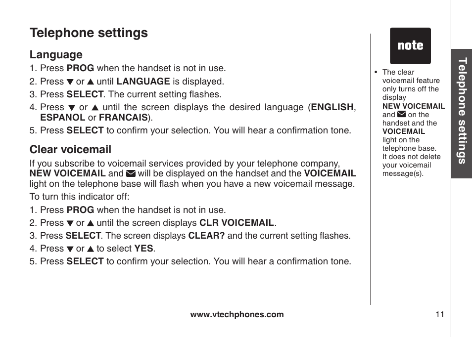 Clear vocemal, Telephone settings, Te le ph on e s ett in gs | Language, Clear voicemail | VTech CS5111-3 User Manual | Page 14 / 56