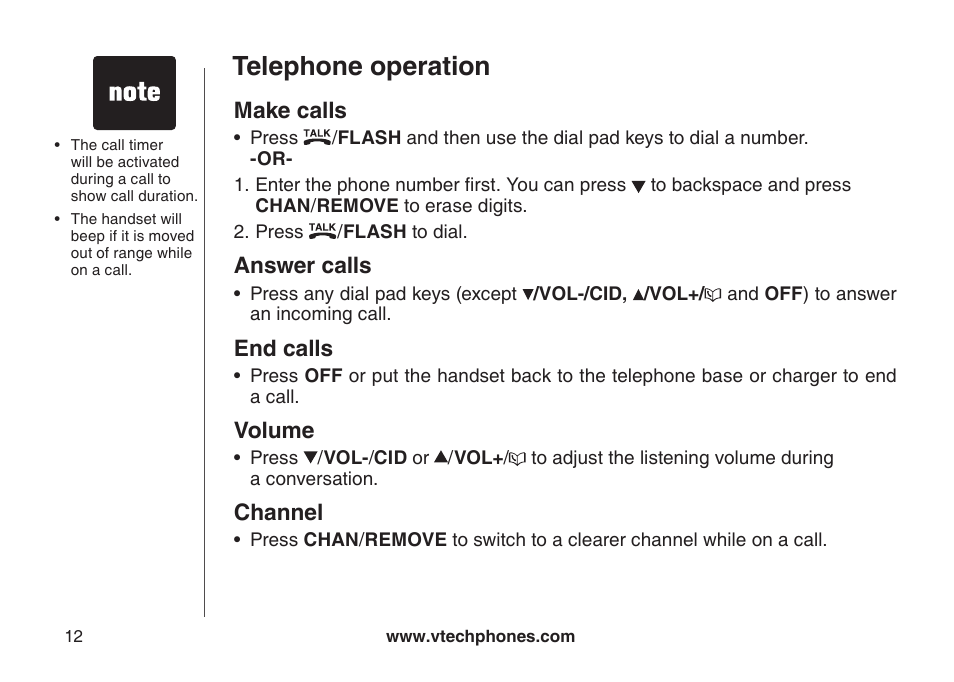 Make calls answer calls end calls, Volume channel, Telephone operation | Make calls, Answer calls, End calls, Volume, Channel | VTech CS5111-3 User Manual | Page 15 / 56