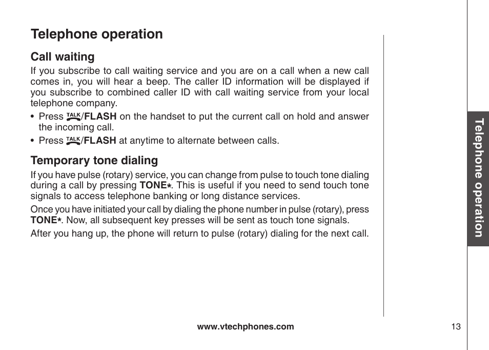 Call watng temporary tone dalng redal, Telephone operation | VTech CS5111-3 User Manual | Page 16 / 56