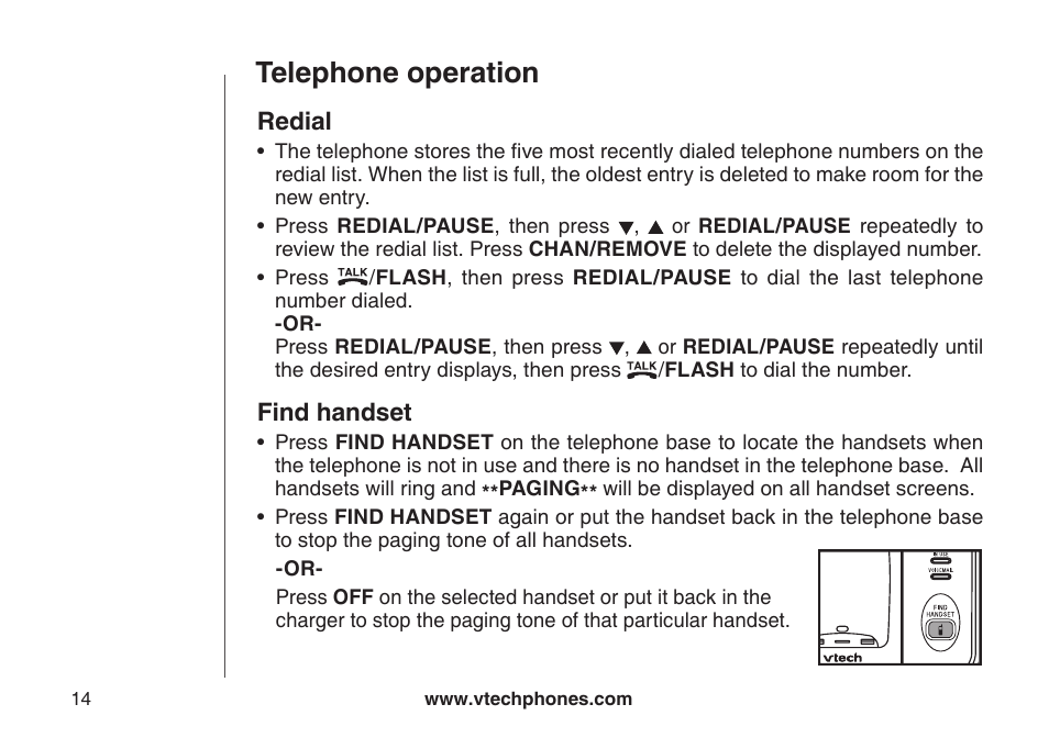 Fnd handset, Telephone operation, Redial | Find handset | VTech CS5111-3 User Manual | Page 17 / 56