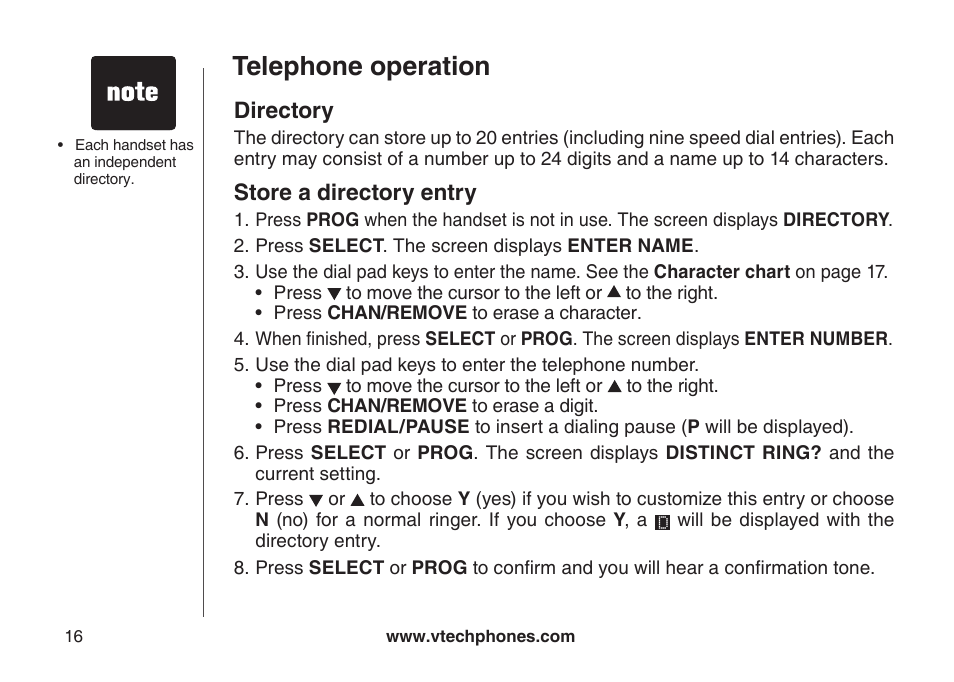 Drectory, Store a drectory entry, Telephone operation | Directory, Store a directory entry | VTech CS5111-3 User Manual | Page 19 / 56