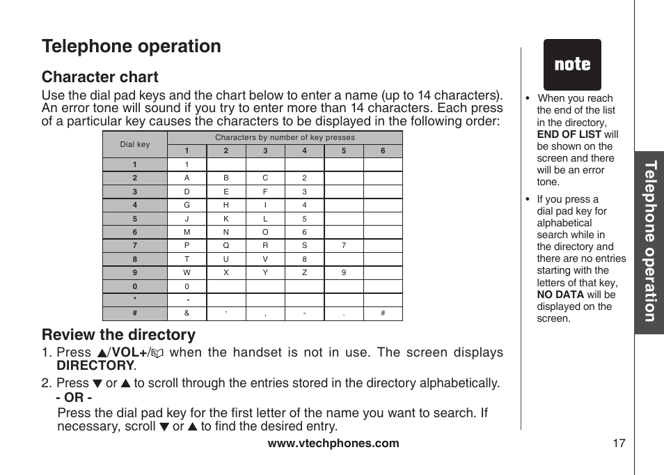 Character chart, Telephone operation, Te le ph on e o pe ra tio n | Review the directory, Bas ic o pe ra tio n | VTech CS5111-3 User Manual | Page 20 / 56