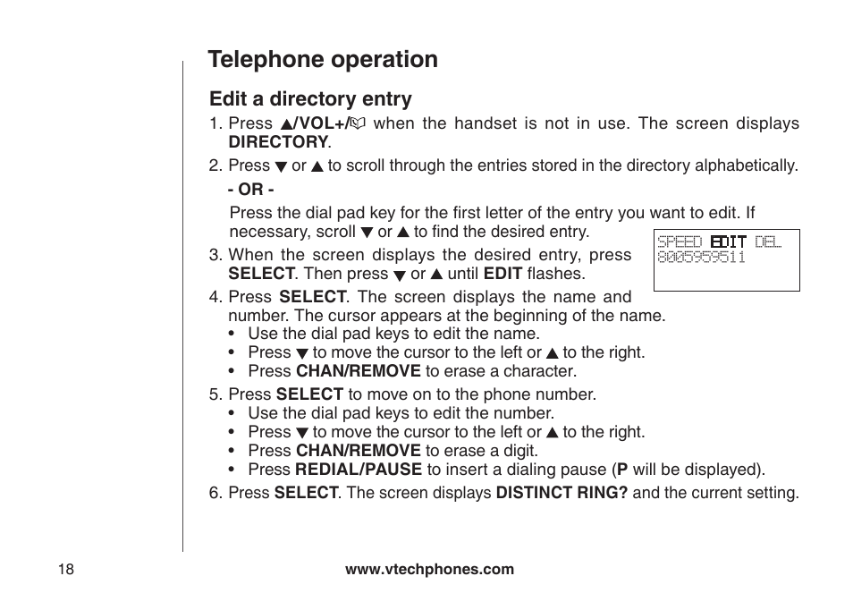 Edt a drectory entry, Telephone operation, Edit a directory entry | VTech CS5111-3 User Manual | Page 21 / 56