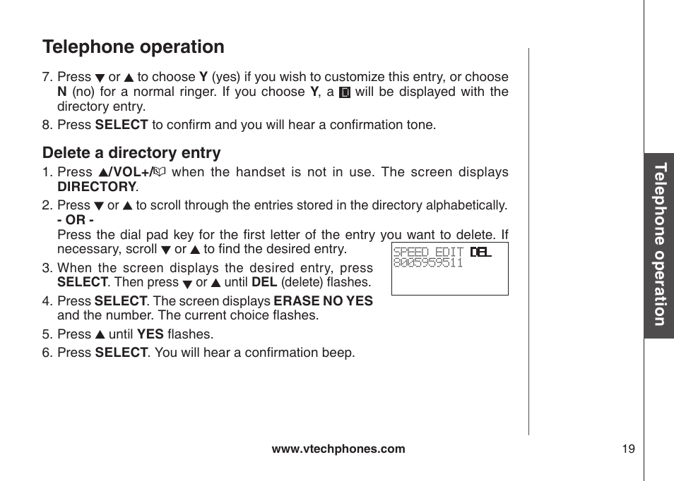 Delete a drectory entry, Telephone operation | VTech CS5111-3 User Manual | Page 22 / 56