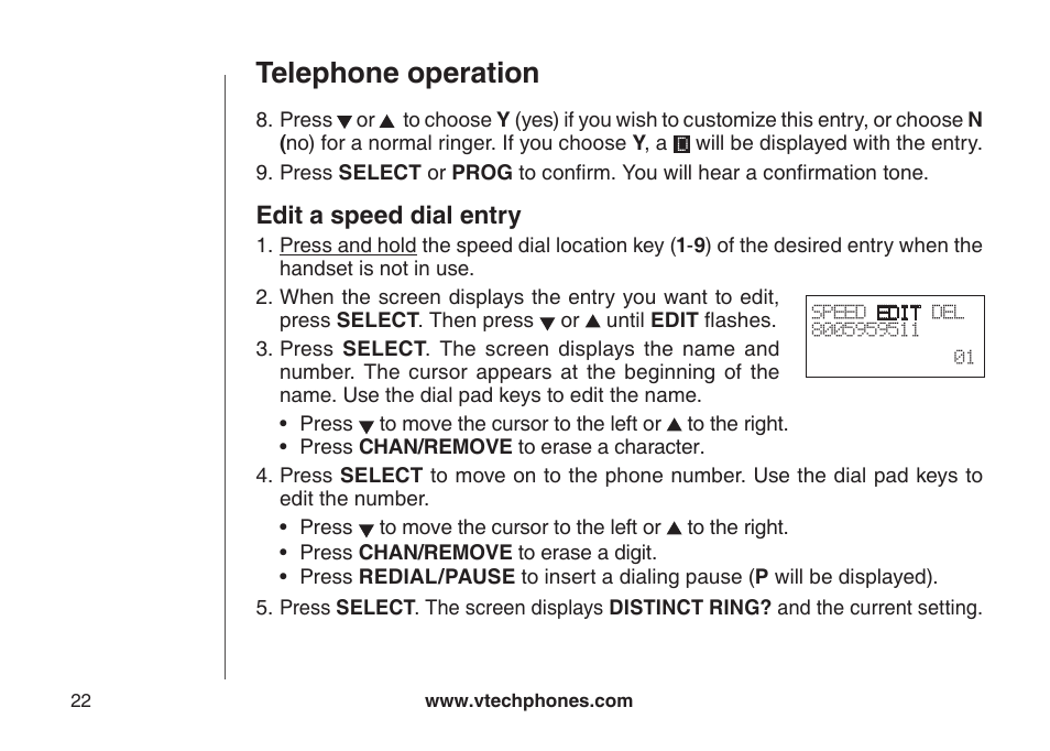 Edt a speed dal entry, Telephone operation, Edit a speed dial entry | VTech CS5111-3 User Manual | Page 25 / 56