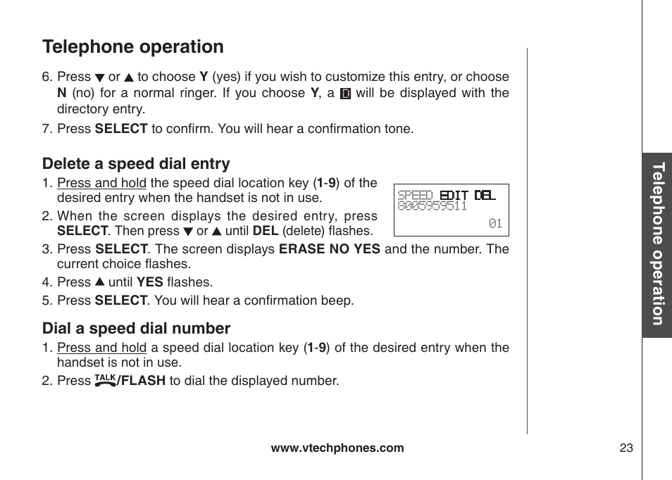 Delete a speed dal entry, Dal a speed dal number, Telephone operation | VTech CS5111-3 User Manual | Page 26 / 56
