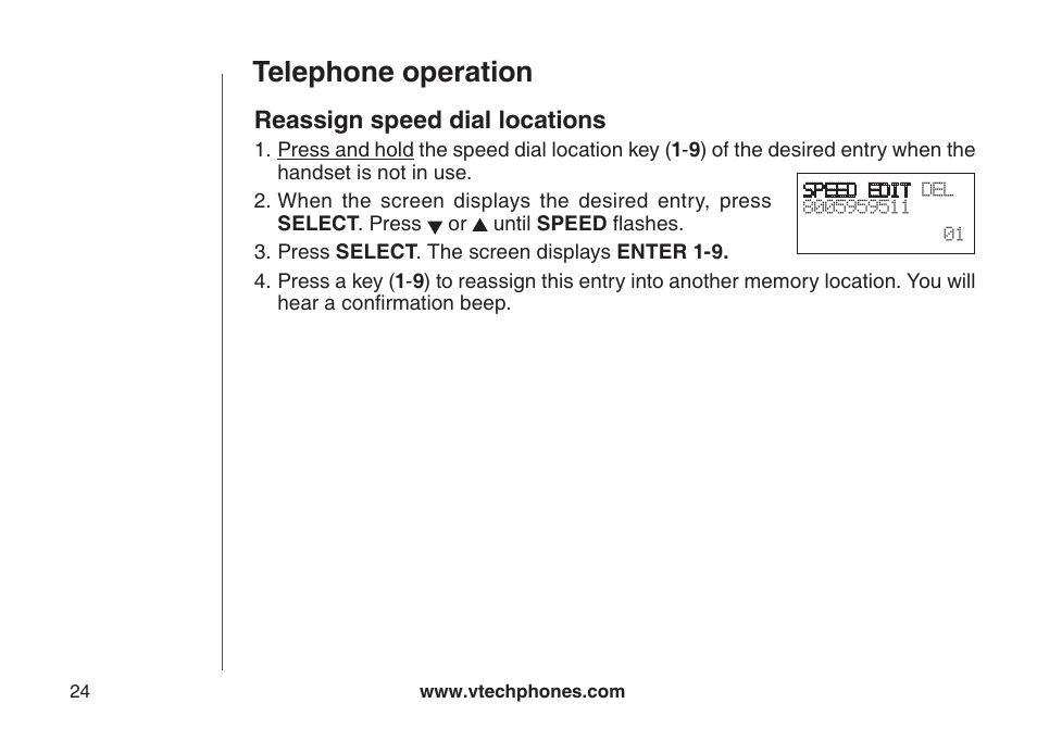 Reassgn speed dal locatons, Telephone operation, Reassign speed dial locations | VTech CS5111-3 User Manual | Page 27 / 56