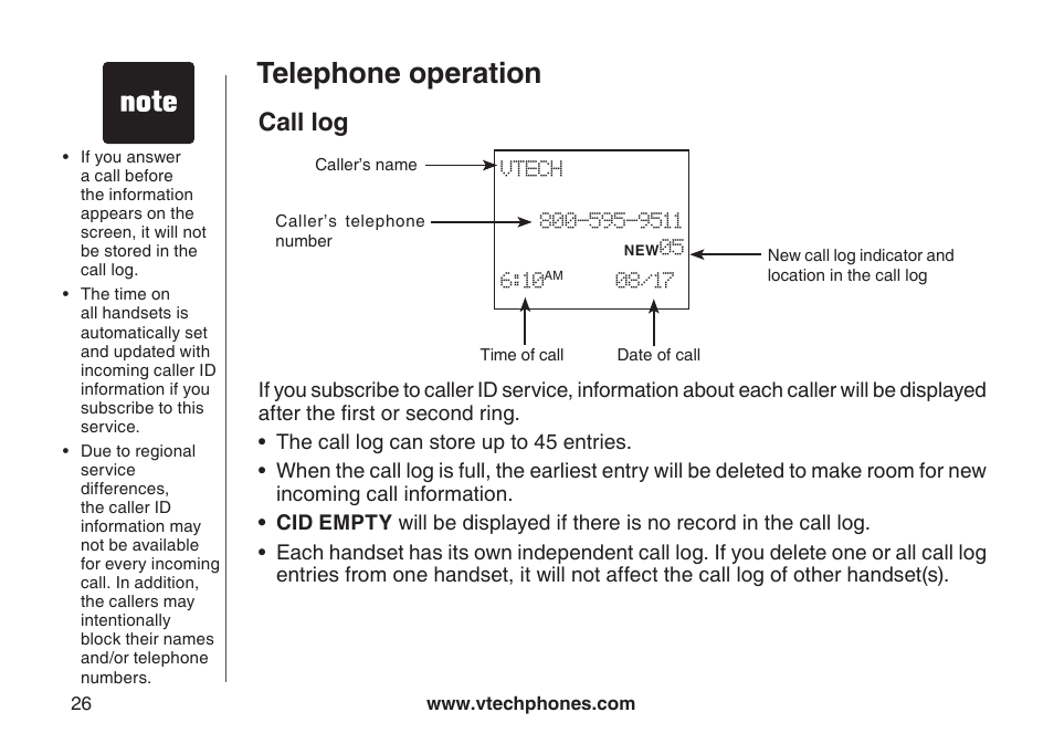 Call log, Telephone operation | VTech CS5111-3 User Manual | Page 29 / 56