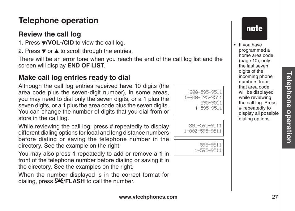 Telephone operation, Te le ph on e o pe ra tio n, Review the call log | Make call log entries ready to dial | VTech CS5111-3 User Manual | Page 30 / 56