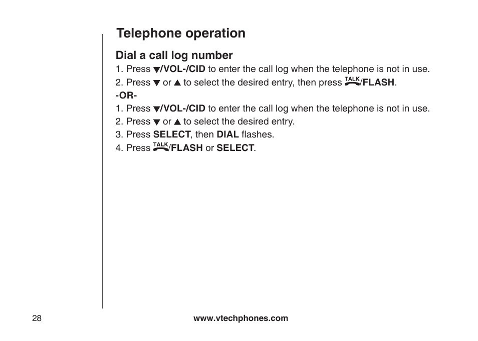 Dal a call log number, Telephone operation, Dial a call log number | VTech CS5111-3 User Manual | Page 31 / 56