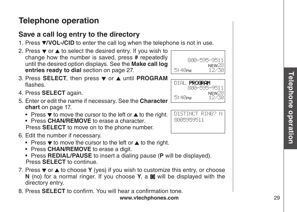 Save a call log entry to the drectory, Telephone operation, Te le ph on e o pe ra tio n | Save a call log entry to the directory | VTech CS5111-3 User Manual | Page 32 / 56