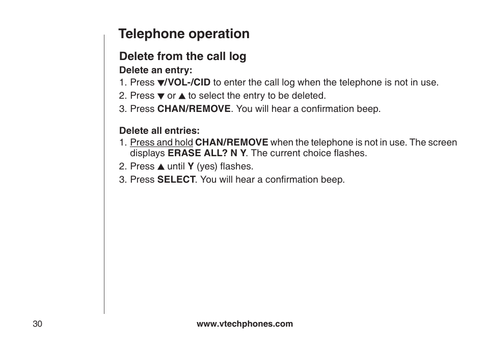 Delete from the call log, Telephone operation | VTech CS5111-3 User Manual | Page 33 / 56