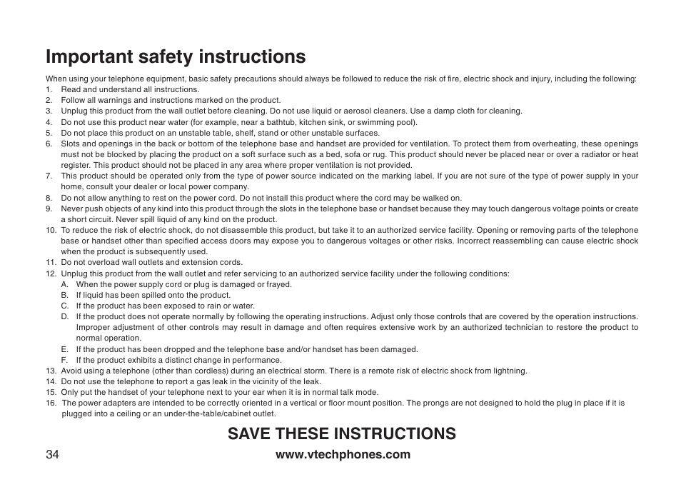 Important safety instructions, Save these instructions | VTech CS5111-3 User Manual | Page 37 / 56