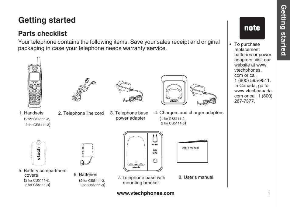 Parts checklst, Getting started, Gett in g s ta rte d | Parts checklist, Bas ic o pe ra tio n | VTech CS5111-3 User Manual | Page 4 / 56