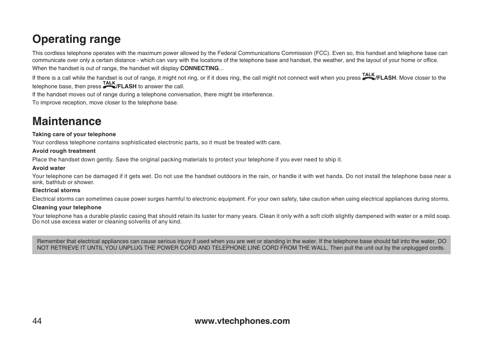 Operatng range mantenance, Operating range, Maintenance | VTech CS5111-3 User Manual | Page 47 / 56