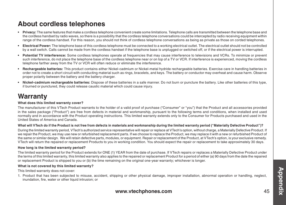 About cordless telephones, Warranty, Appendix | VTech CS5111-3 User Manual | Page 48 / 56