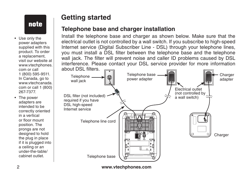 Getting started, Telephone base and charger installation | VTech CS5111-3 User Manual | Page 5 / 56