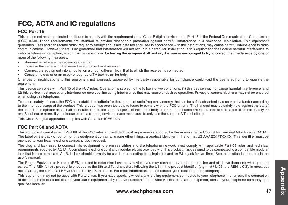 Fcc, acta and ic regulatons, Fcc, acta and ic regulations, Appendix | VTech CS5111-3 User Manual | Page 50 / 56