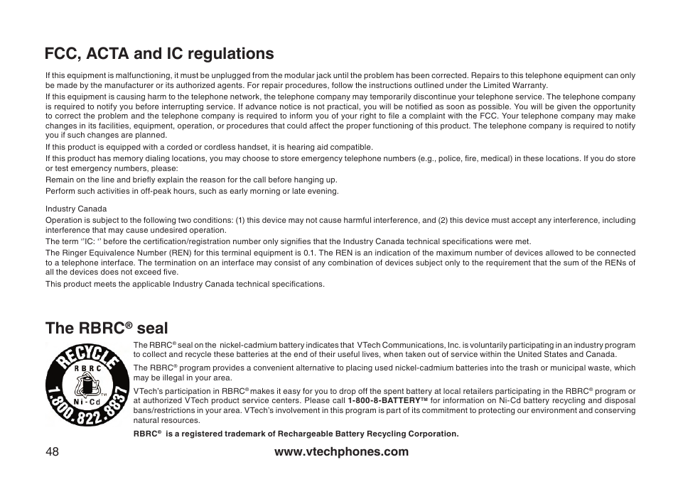 The rbrc, Seal, Fcc, acta and ic regulations the rbrc | VTech CS5111-3 User Manual | Page 51 / 56
