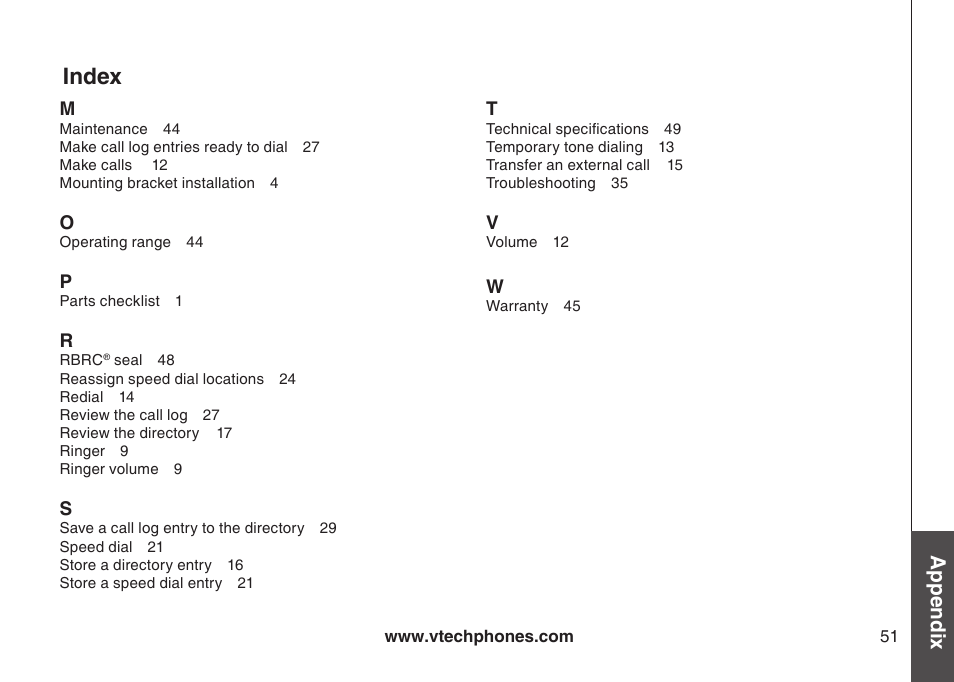 Index, Appendix | VTech CS5111-3 User Manual | Page 54 / 56