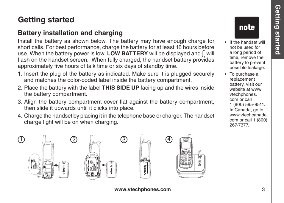 Battery nstallaton and chargng, Getting started, Gett in g s ta rte d | Battery installation and charging | VTech CS5111-3 User Manual | Page 6 / 56