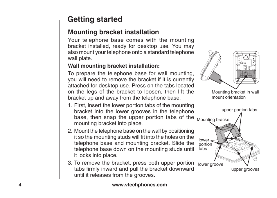 Mountng bracket nstallaton, Getting started, Mounting bracket installation | VTech CS5111-3 User Manual | Page 7 / 56