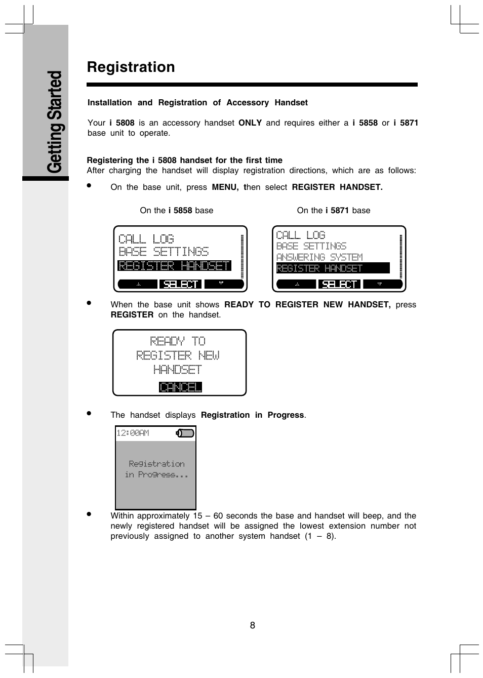 Registration, Installation and registration of accessory handset, Registering the i 5808 handset for the first time | Getting s tarted | VTech I5808 User Manual | Page 30 / 44