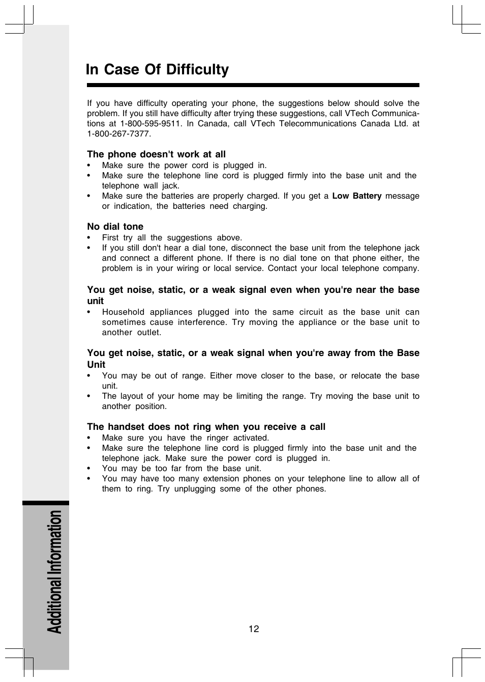 In case of difficulty, Additional information | VTech I5808 User Manual | Page 34 / 44