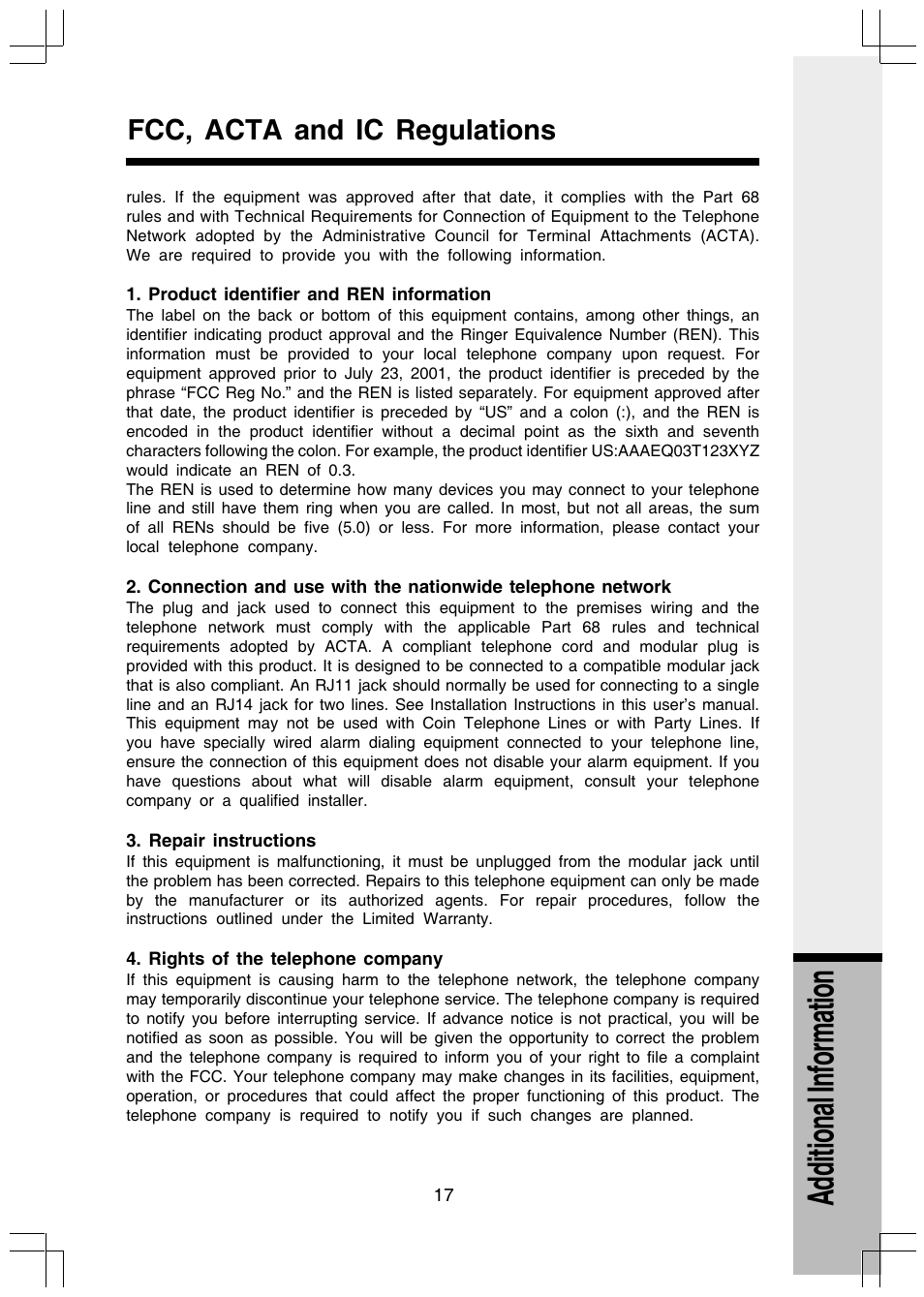 Additional information, Fcc, acta and ic regulations | VTech I5808 User Manual | Page 39 / 44