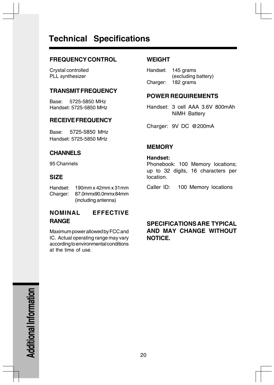 Additional information, Technical specifications | VTech I5808 User Manual | Page 42 / 44