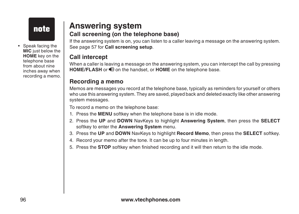 Call screening (on the telephone base), Call intercept, Record memo | Answering system | VTech LS5145 User Manual | Page 100 / 128