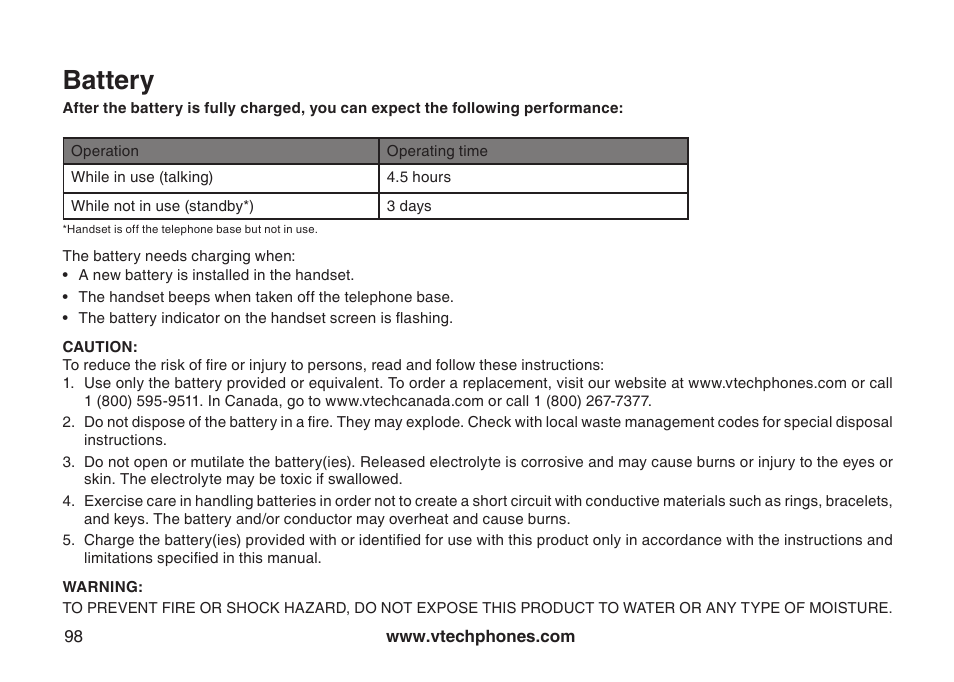 Remote access, Battery | VTech LS5145 User Manual | Page 102 / 128