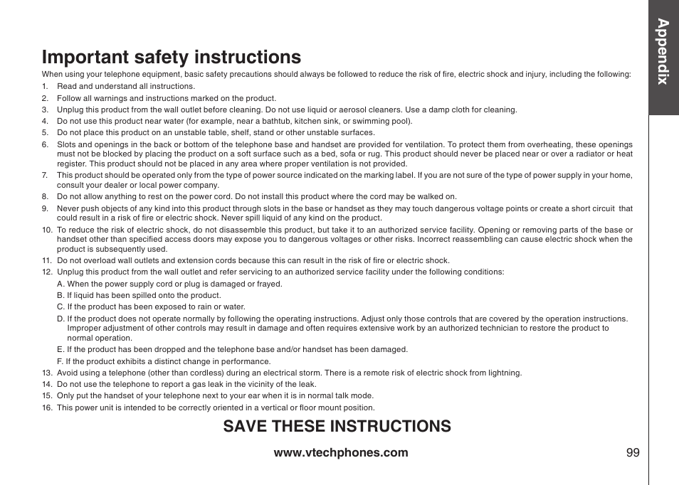 Important safety instructions, Save these instructions, Appendix | VTech LS5145 User Manual | Page 103 / 128