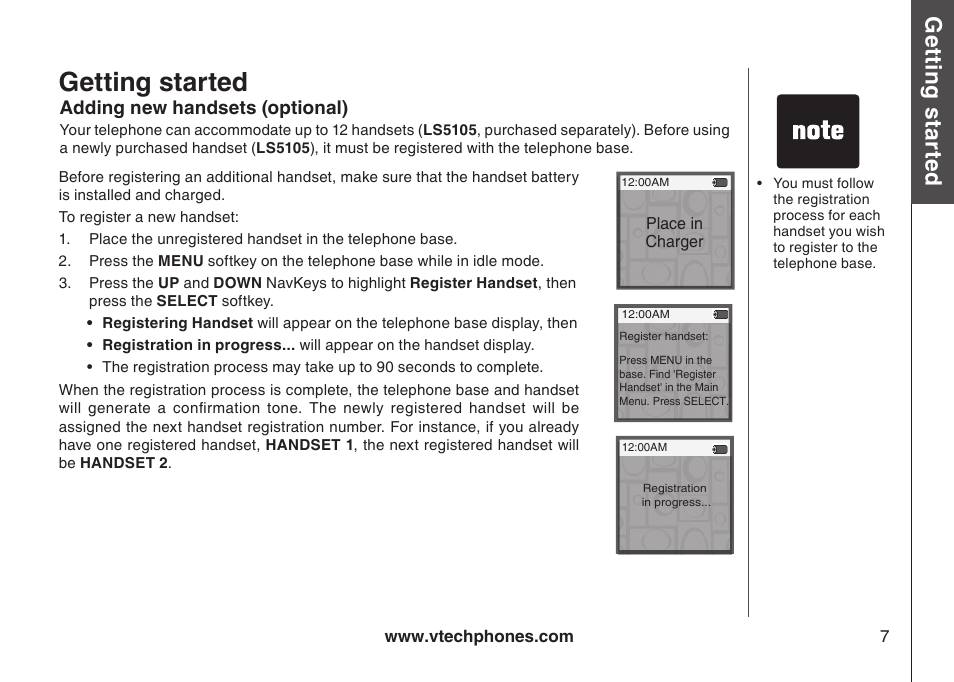 Adding new handsets (optional), Addng new handsets, Getting started | Gett in g s ta rte d, Bas ic o pe ra tio n | VTech LS5145 User Manual | Page 11 / 128