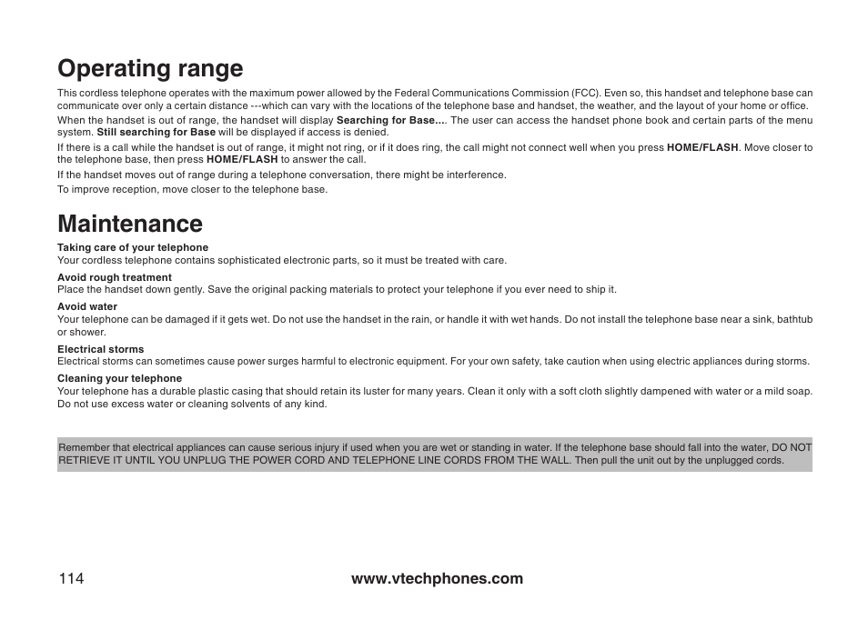 Operating range, Maintenance | VTech LS5145 User Manual | Page 118 / 128