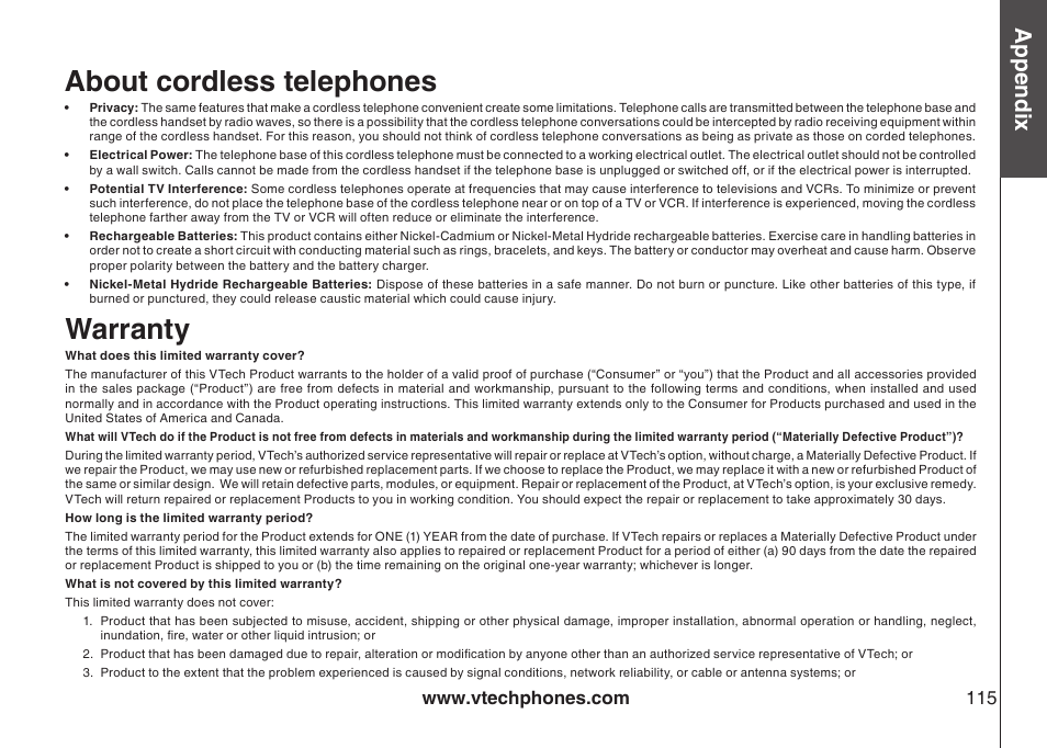 About cordless telephones, Warranty, Appendix | VTech LS5145 User Manual | Page 119 / 128