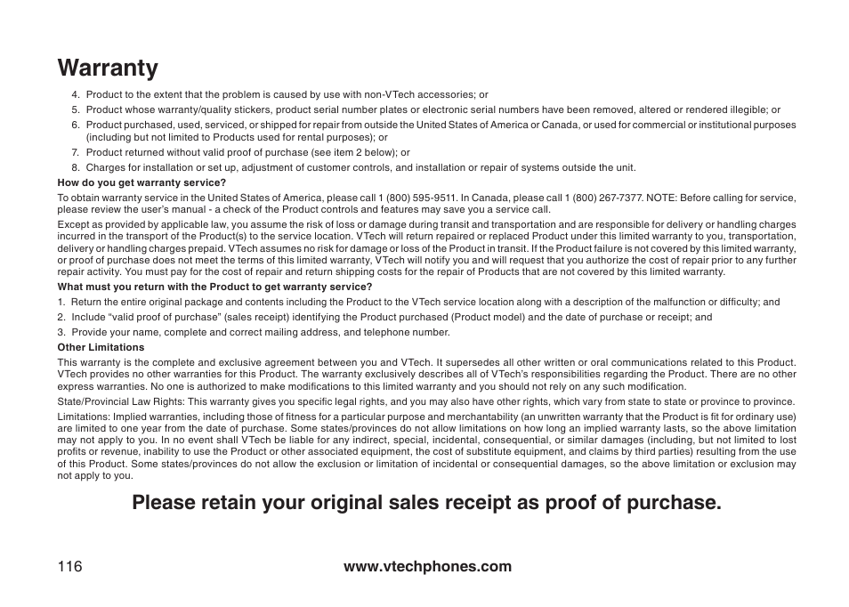 Warranty | VTech LS5145 User Manual | Page 120 / 128