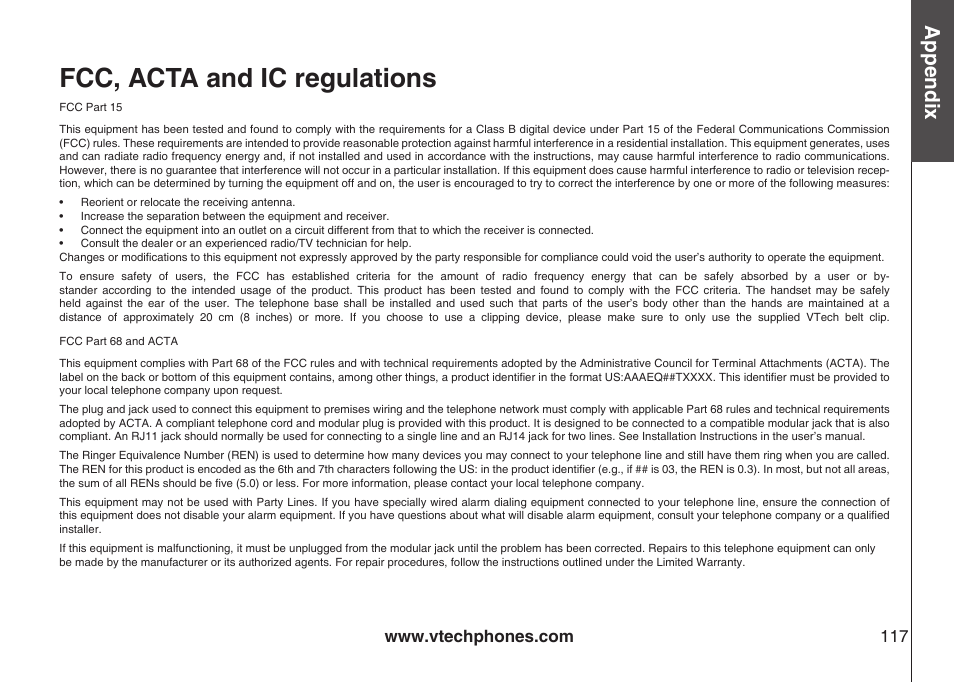 Fcc, acta and ic regulations, Appendix | VTech LS5145 User Manual | Page 121 / 128