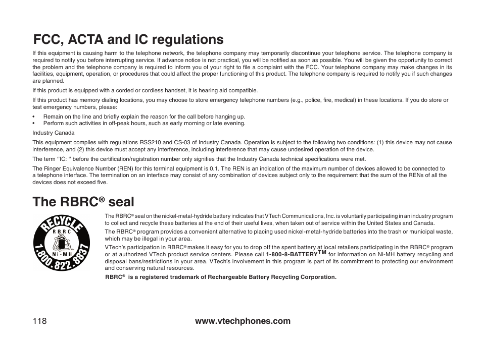 The rbrc® seal, The rbrc, Seal | Fcc, acta and ic regulations the rbrc | VTech LS5145 User Manual | Page 122 / 128