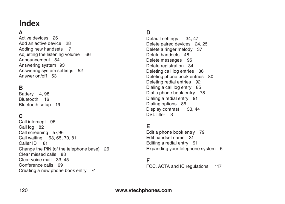 Index | VTech LS5145 User Manual | Page 124 / 128