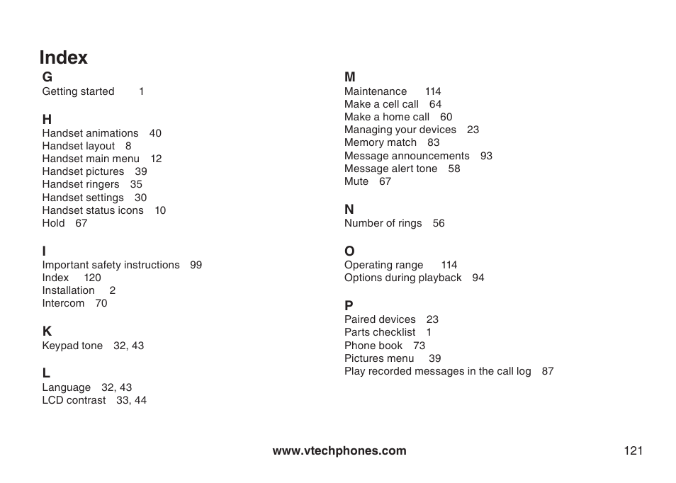 Index | VTech LS5145 User Manual | Page 125 / 128