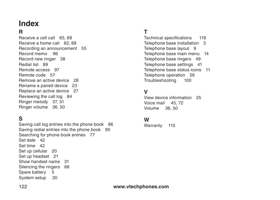 Index | VTech LS5145 User Manual | Page 126 / 128