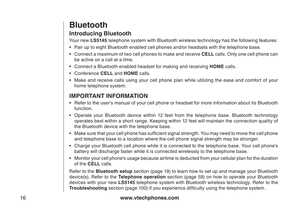 Bluetooth, Introducing bluetooth, Bluetooth introducng bluetooth | VTech LS5145 User Manual | Page 20 / 128