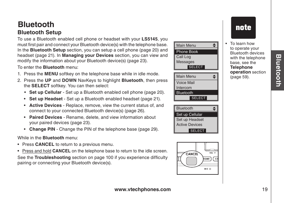 Bluetooth setup, Bluetooth, Blu eto ot h | VTech LS5145 User Manual | Page 23 / 128