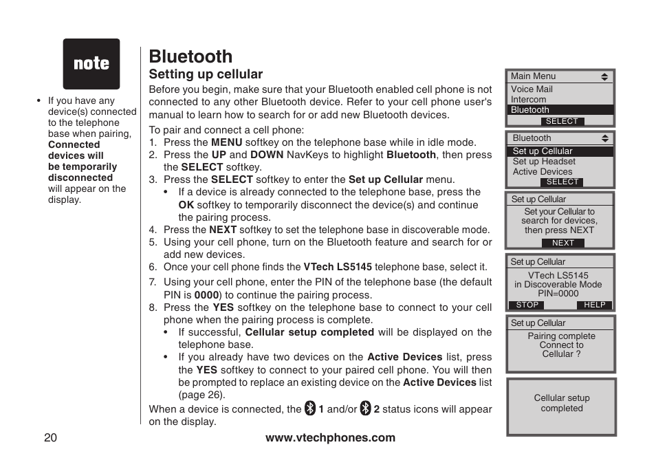 Set up cellular, Settng up cellular, Bluetooth | Setting up cellular | VTech LS5145 User Manual | Page 24 / 128